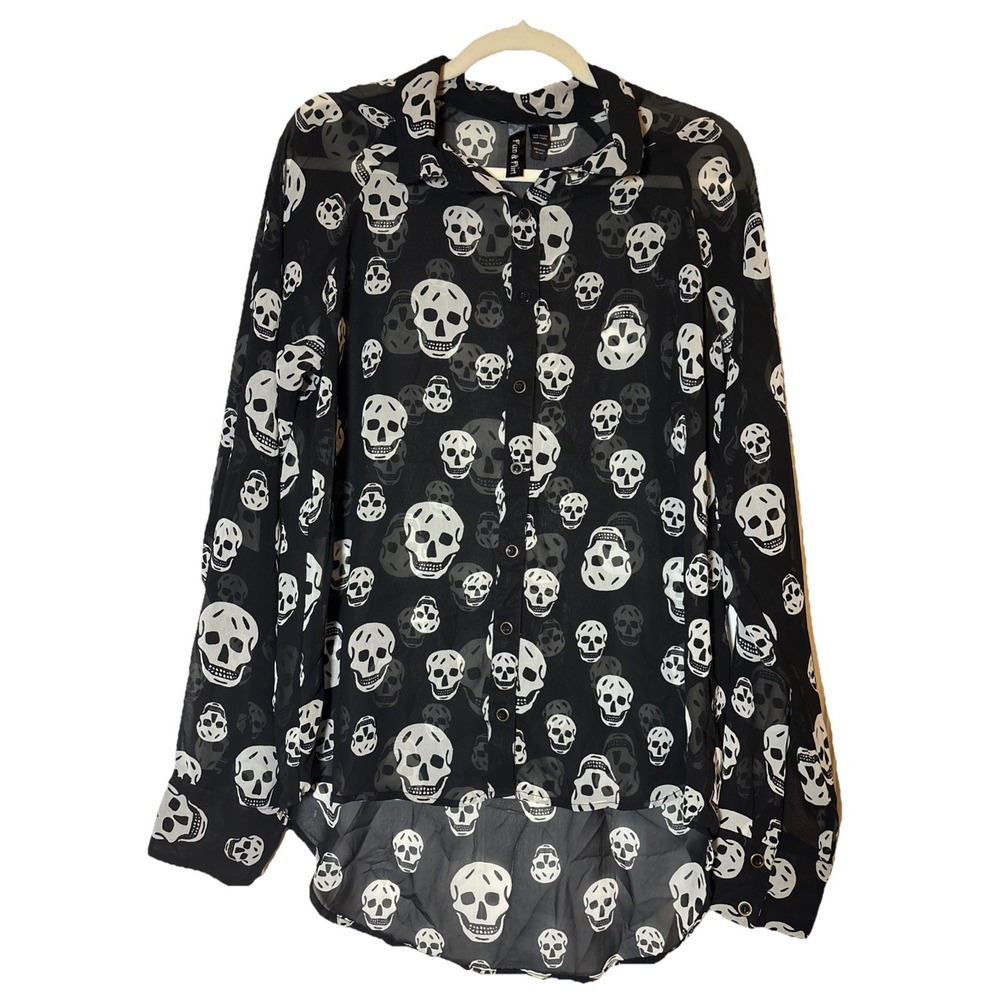 Fun & Flirt Skull Print Top Women Black Excellent High Low Blouse L
